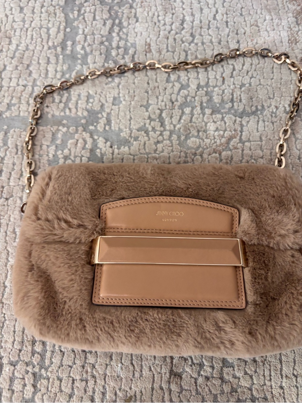 Jimmy Choo Beige Faux Fur Shoulder Bag with Gold Chain Authentic